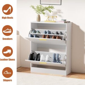 cherrywood Shoe Cabinet Storage for Entryway, Slim White Hidden Shoe Organizer Cabinet with 2 Flip Drawers, Wooden Narrow Shoe Rack with 2 Tier Freestanding for Hallway, Living Room-3