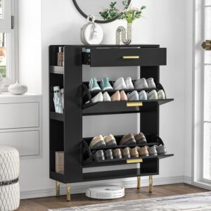 Black Shoe Cabinet with 2 Flip Drawers, Modern Freestanding Shoe Rack Storage Organizer Cabinet with Drawers, Narrow Shoe Rack Cabinet for Entryway Hallway-2