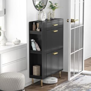 Black Shoe Cabinet with 2 Flip Drawers, Modern Freestanding Shoe Rack Storage Organizer Cabinet with Drawers, Narrow Shoe Rack Cabinet for Entryway Hallway-3