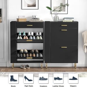 Black Shoe Cabinet with 2 Flip Drawers, Modern Freestanding Shoe Rack Storage Organizer Cabinet with Drawers, Narrow Shoe Rack Cabinet for Entryway Hallway-4