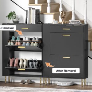 Black Shoe Cabinet with 2 Flip Drawers, Modern Freestanding Shoe Rack Storage Organizer Cabinet with Drawers, Narrow Shoe Rack Cabinet for Entryway Hallway-5