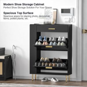 Black Shoe Cabinet with 2 Flip Drawers, Modern Freestanding Shoe Rack Storage Organizer Cabinet with Drawers, Narrow Shoe Rack Cabinet for Entryway Hallway-6