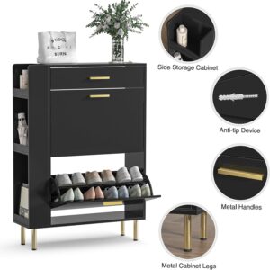 Black Shoe Cabinet with 2 Flip Drawers, Modern Freestanding Shoe Rack Storage Organizer Cabinet with Drawers, Narrow Shoe Rack Cabinet for Entryway Hallway-7